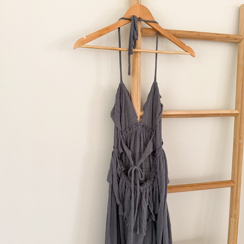 Free People Beach Santa Luz Ruffle Maxi Dress Gray Boho Open Back XS - Picture 8 of 11
